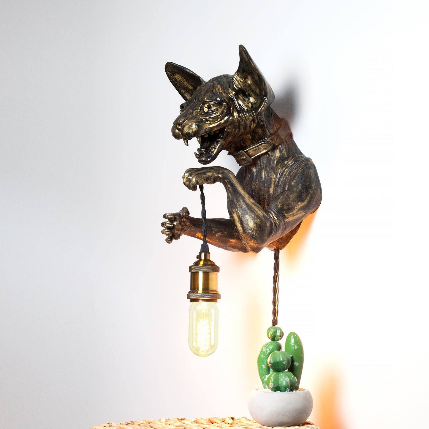 Unique Silver Sphynx Cat Wall Sconce - Artistic Cat Head Lighting for Modern Decor & Pet Lovers.