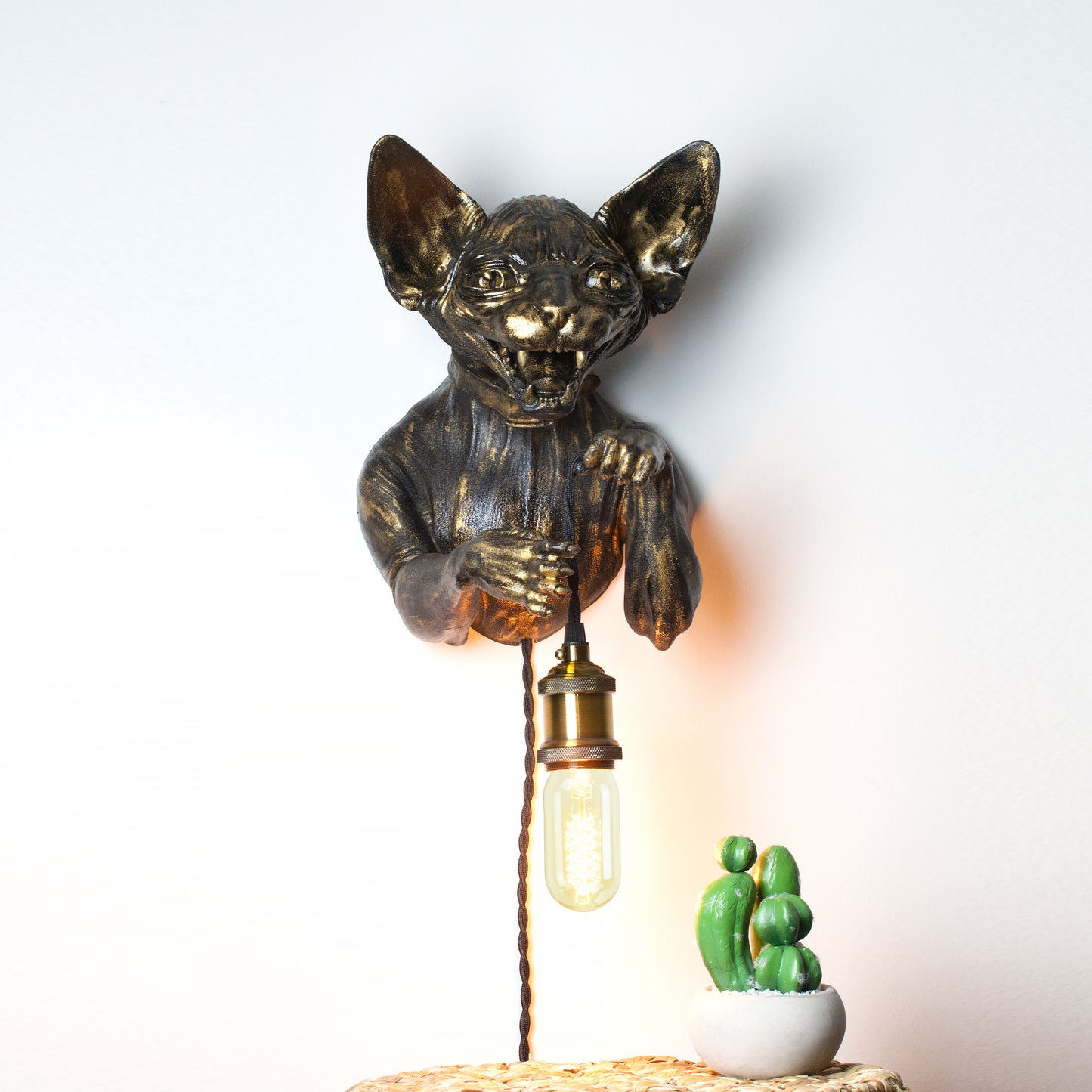 White Sphynx Cat Wall Light - Unique Artistic Cat Head Bust Sconce for Pet Lovers, Modern Home Decor, Statement Lighting.