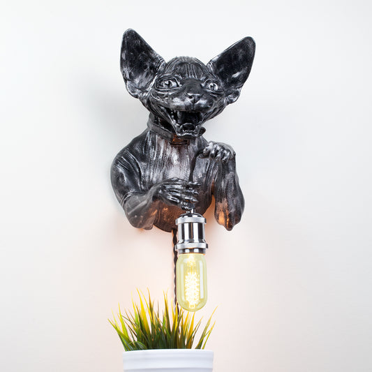 Unique Silver Sphynx Cat Wall Sconce - Artistic Cat Head Lighting for Modern Decor & Pet Lovers.