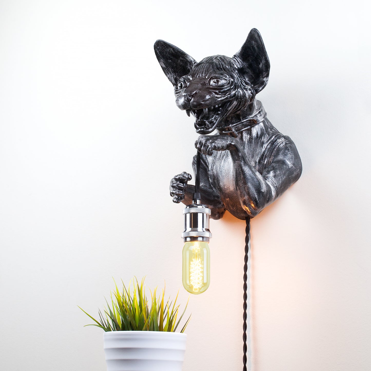 White Sphynx Cat Wall Light - Unique Artistic Cat Head Bust Sconce for Pet Lovers, Modern Home Decor, Statement Lighting.