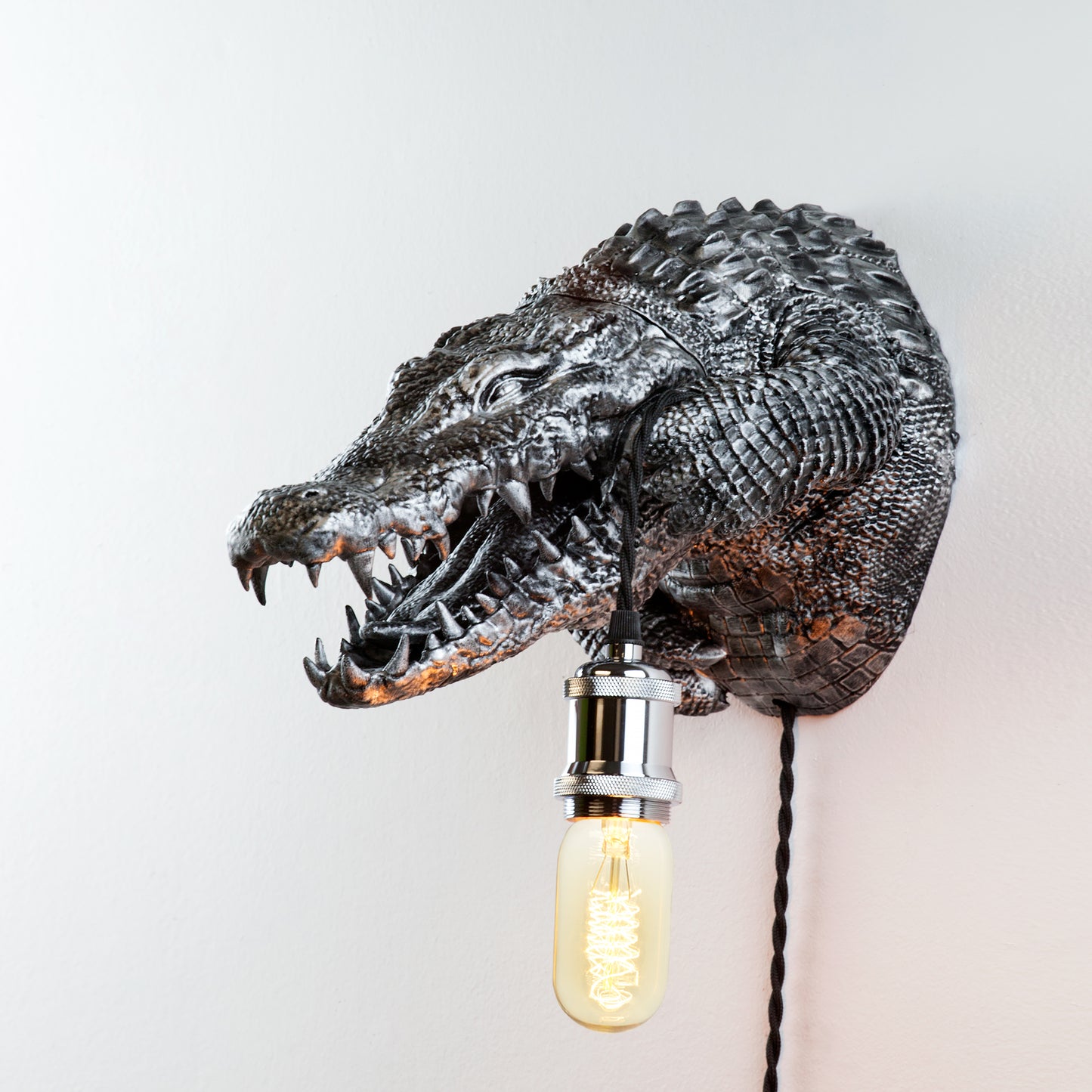Handcrafted Silver Gator Wall Light - Unique Animal Head Sconce, Modern Rustic Kids Room