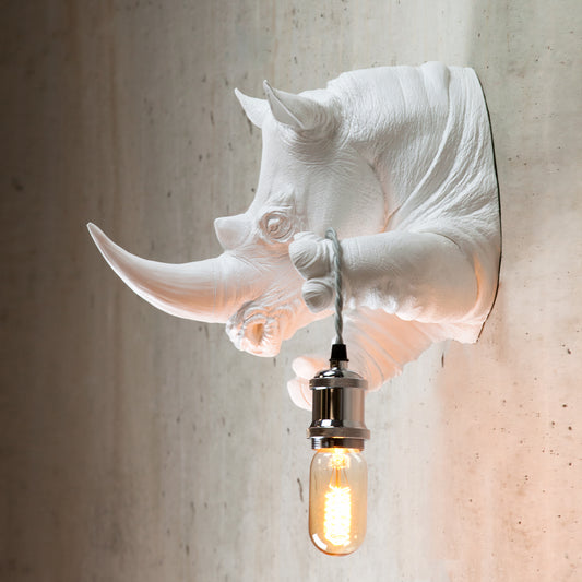 Unique White Rhino Bust Wall Light - Powerful Artistic Sconce for Safari, Bold Decor