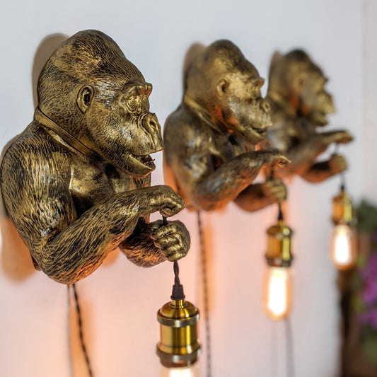 Gold Gorilla Wall Light - Bold Unique Head Bust Sconce for Jungle, Man Cave, Modern, Statement