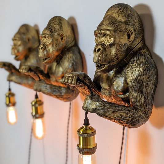 Gold Gorilla Wall Light - Bold Unique Head Bust Sconce for Jungle, Man Cave, Modern, Statement